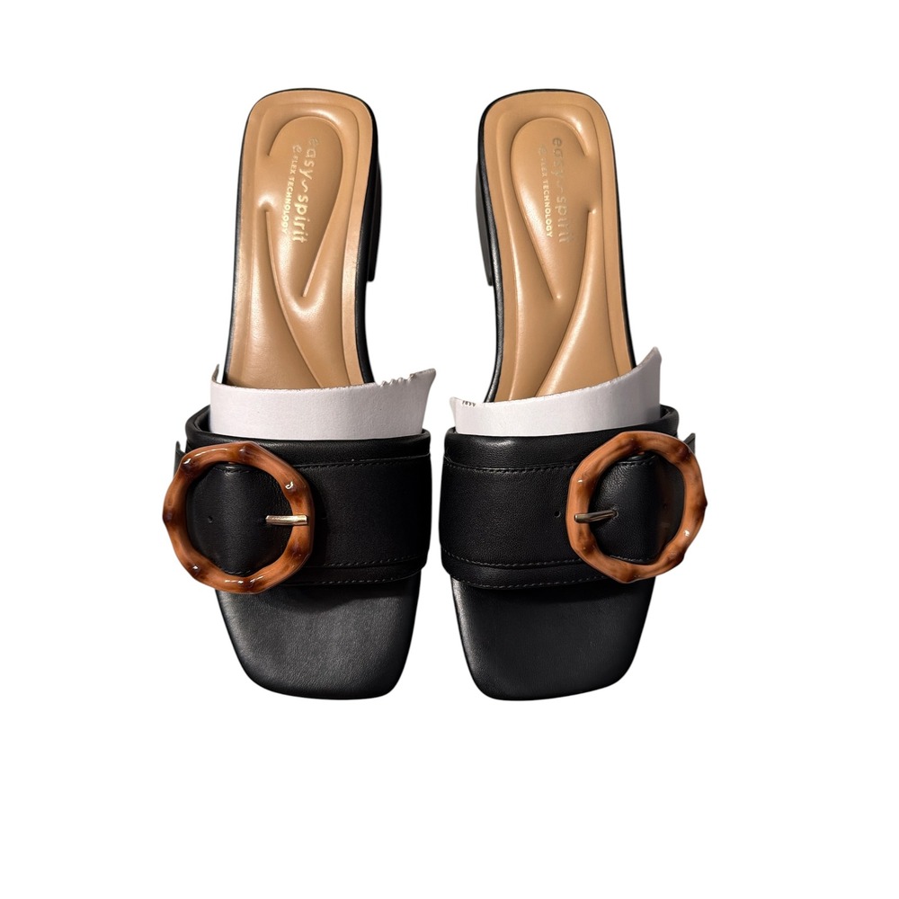 Easy Spirit Gatlin Black Slide Sandals 8W Tortoise Buckle Low Block Heel New